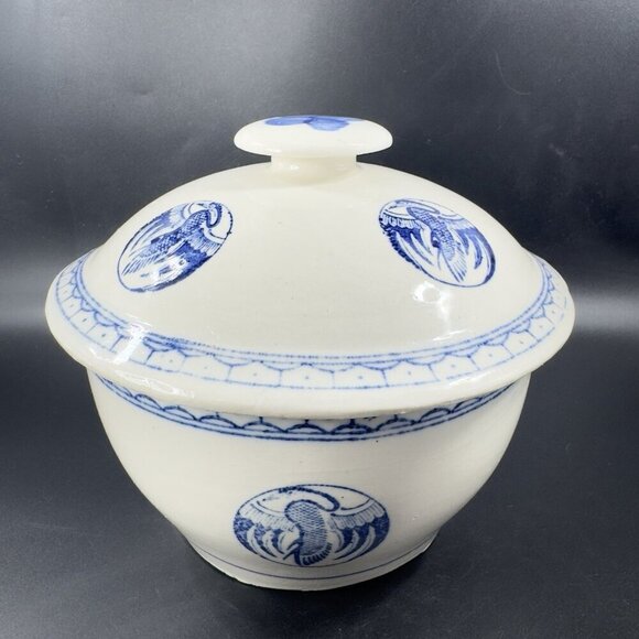 Vintage Japanese Pottery Serving Dish Bowl with Lid Crane Phoenix White Blue VTG - Picture 14 of 15